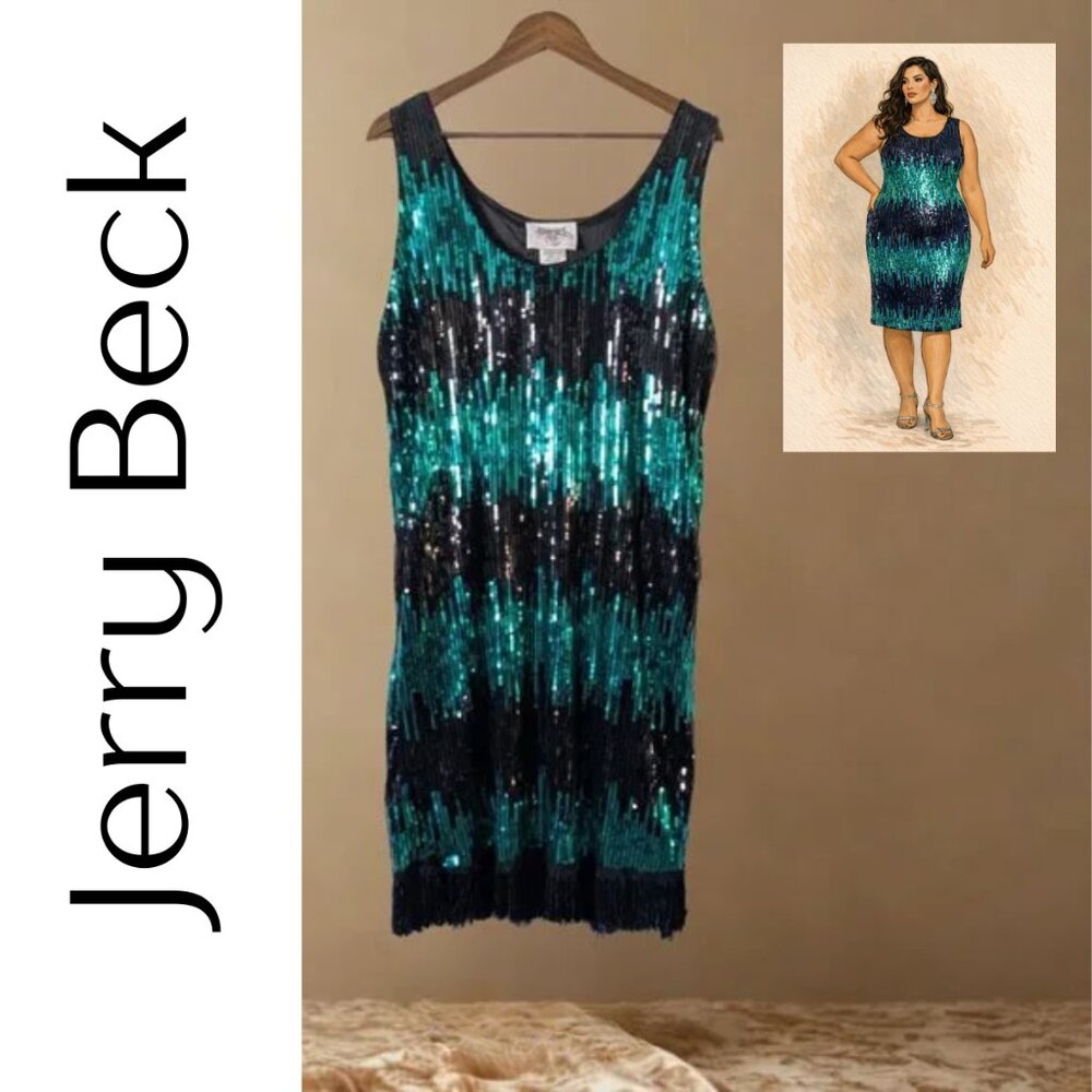 Jerry Beck Teal & Black Sequin Flapper Dress w/ Fringe | 1920s Gatsby Party